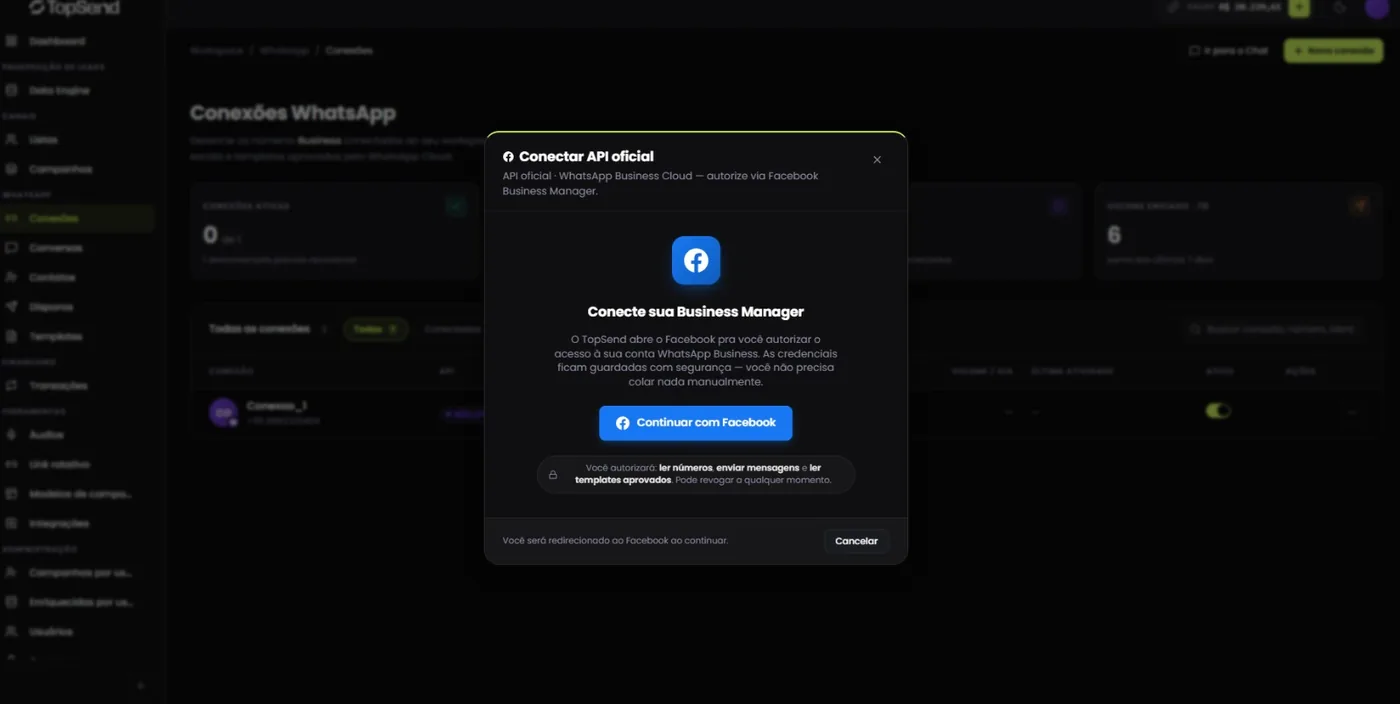 Conexões de WhatsApp oficial no TopChat